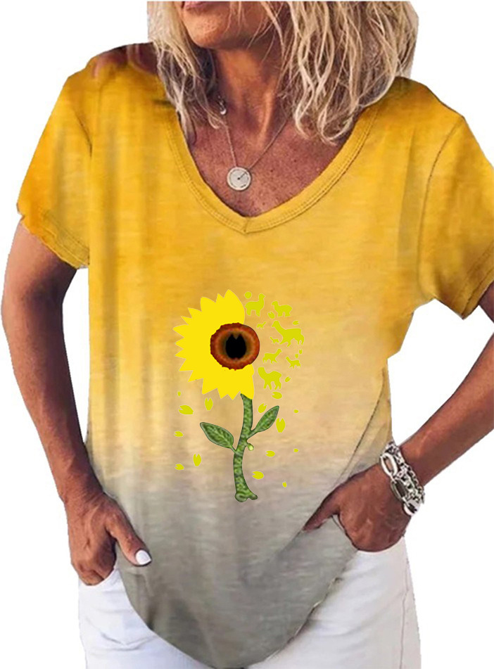 Sunflower Print V-Neck Short Sleeve Women's T-Shirt