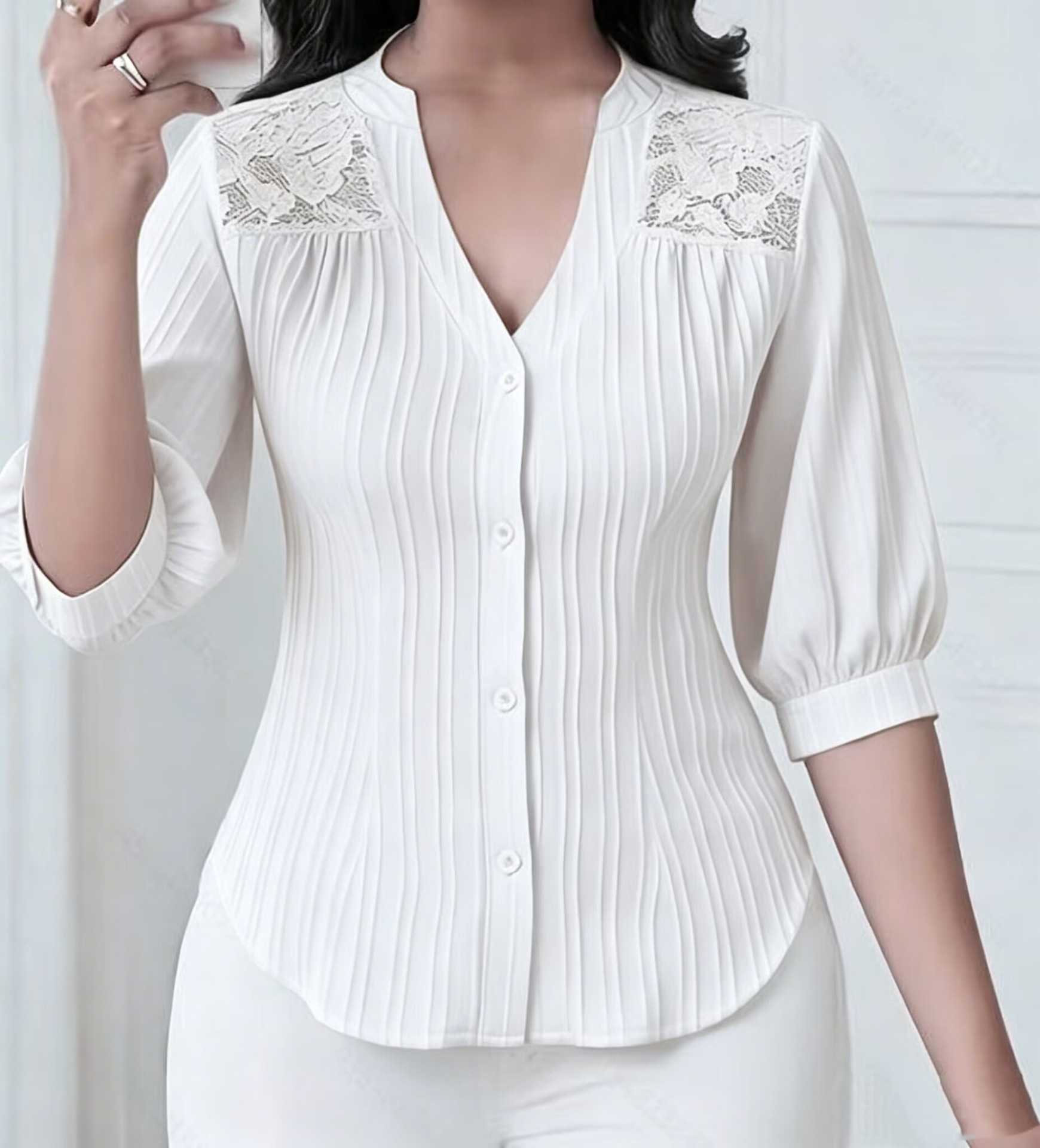 Lace-Trimmed V-Neck Mid-Sleeve Blouse with Pleated Button Front and Curved Hem
