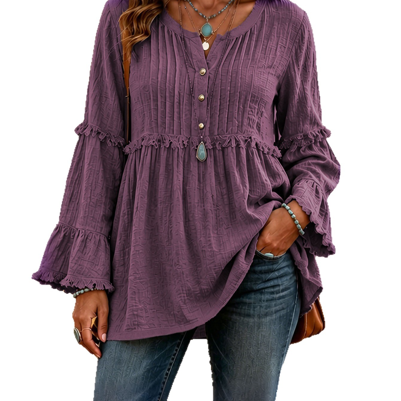 Women's Loose Long Sleeve V-Neck T-Shirt with Lace Trim