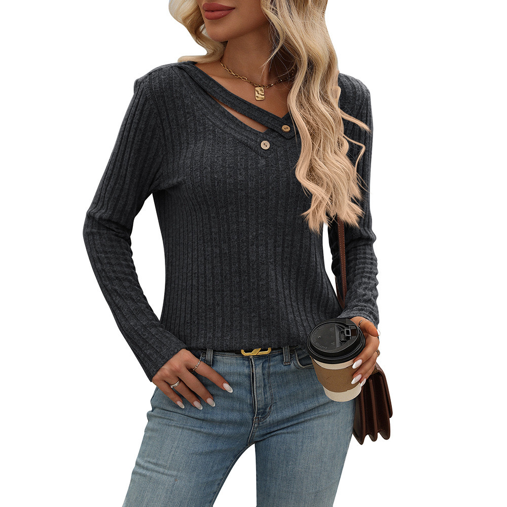 Women's V-Neck Button Knit Top Long Sleeve Slim Fit T-Shirt