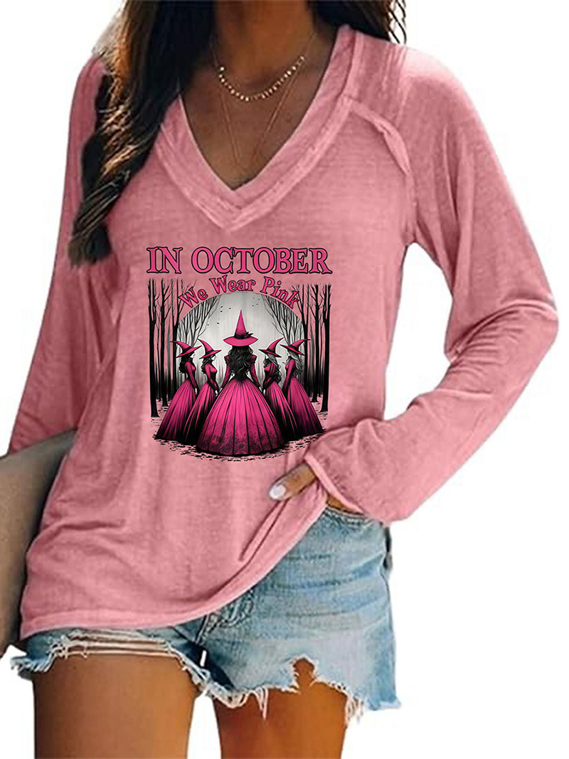 Women's Halloween Witch Hat Print V-Neck Long Sleeve T-Shirt