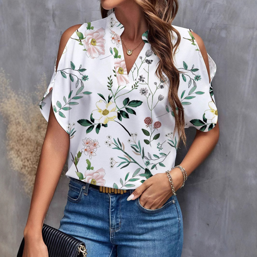 Women's Printed V-Neck Cold-Shoulder Blouse