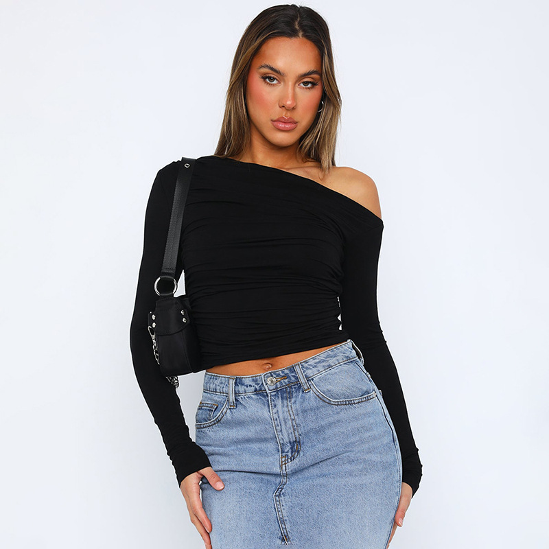 Women's One-Shoulder Long-Sleeve Ruched Crop Top