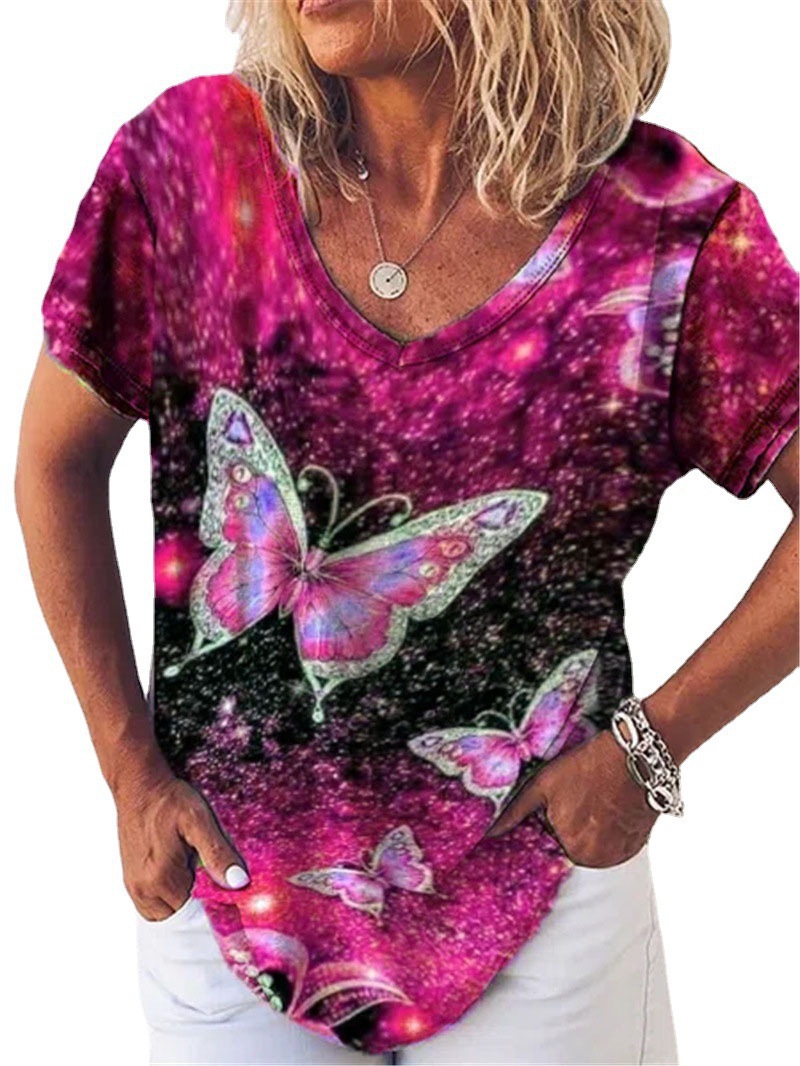 Women's V-Neck Butterfly Print Short Sleeve T-Shirt