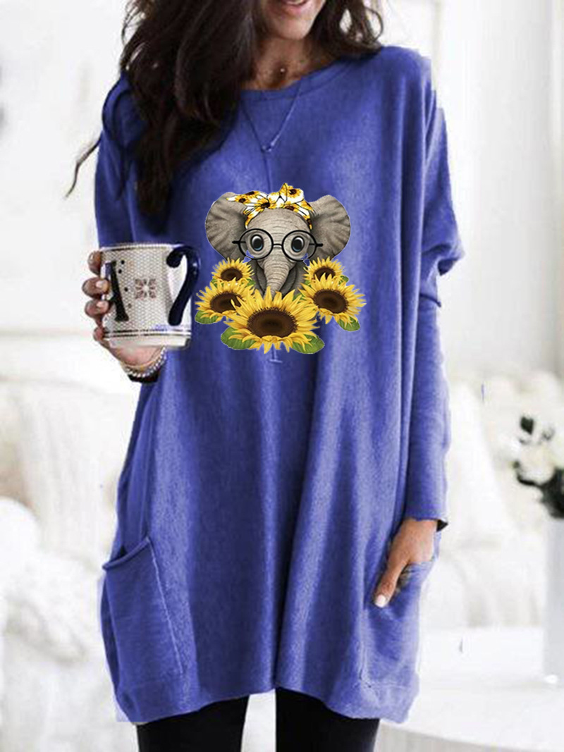 Women's Long Sleeve Loose Crewneck Elephant Print Pocket T-Shirt
