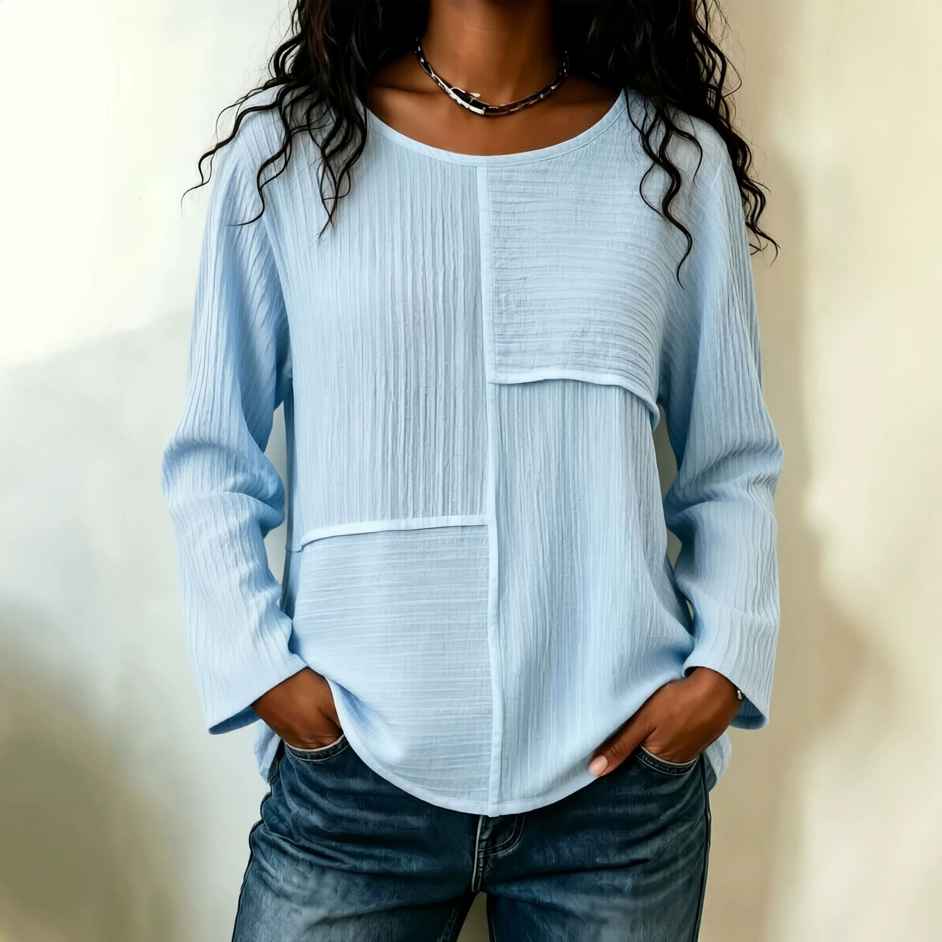 Women's Crewneck Colorblock Loose Long Sleeve Top