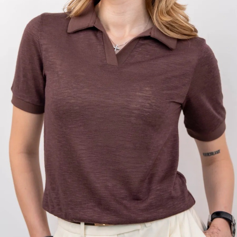 Women's Solid Color Short Sleeve Polo Neck Loose T-Shirt