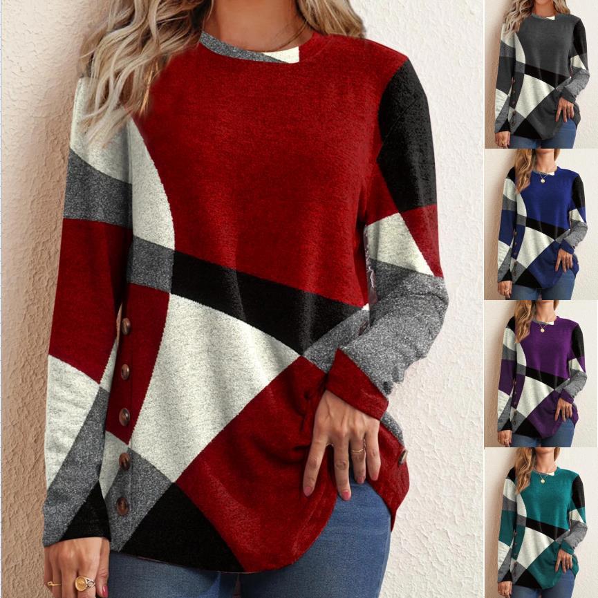 Button Geometric Colorblock Long Sleeve Print Loose T-Shirt Women's Top