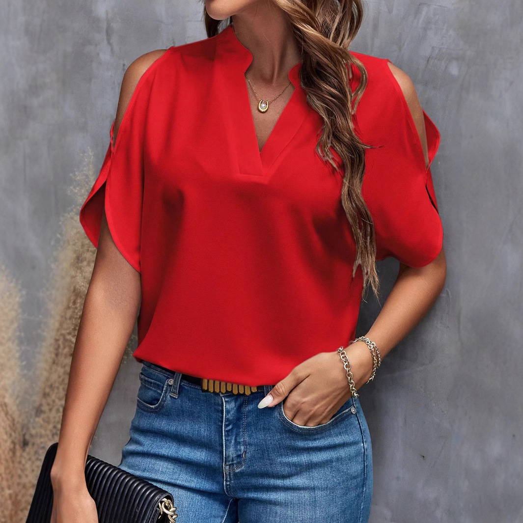 Women's Solid V-Neck Cold-Shoulder Short Sleeve Top