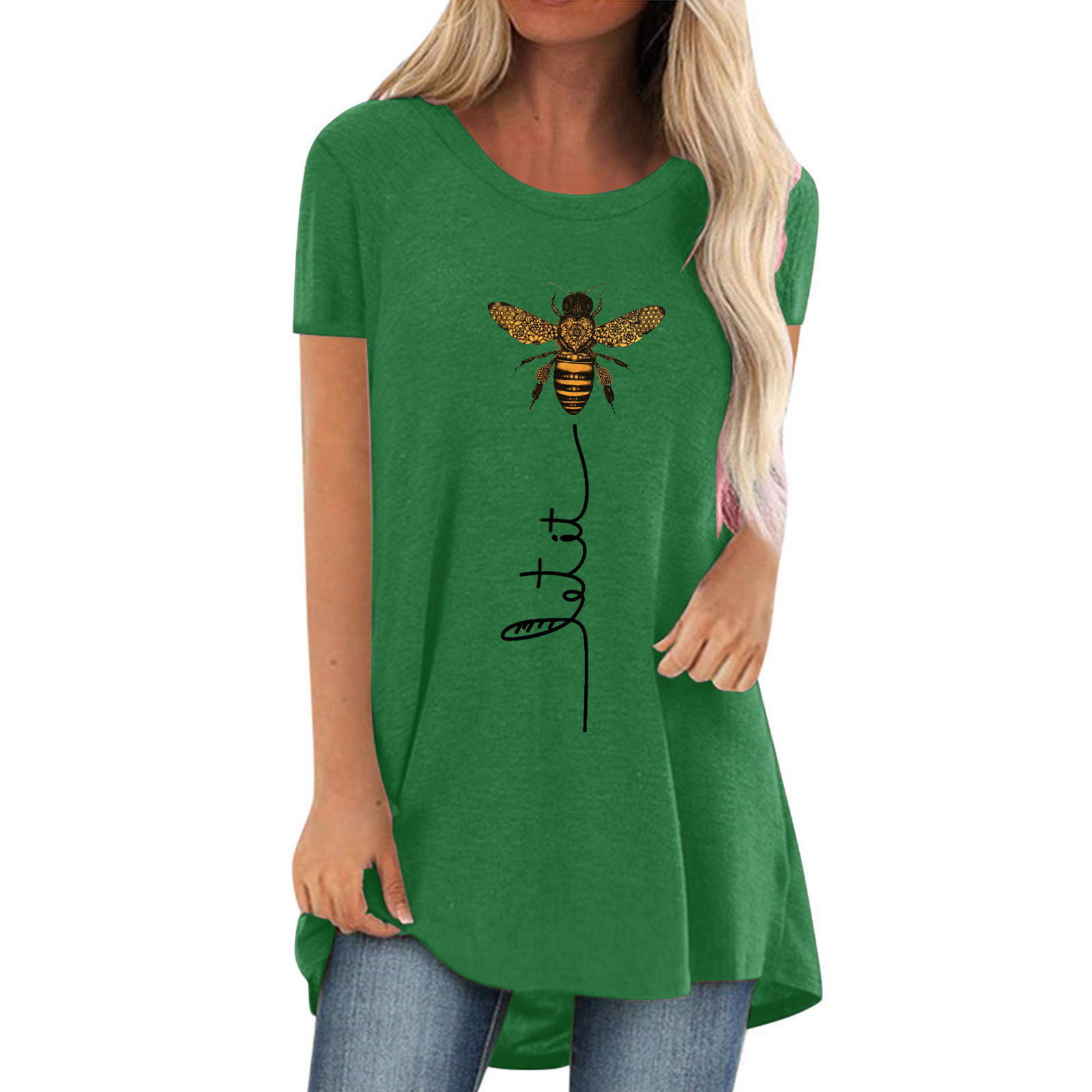 Bee Letter Print Crewneck Women's Short Sleeve Top