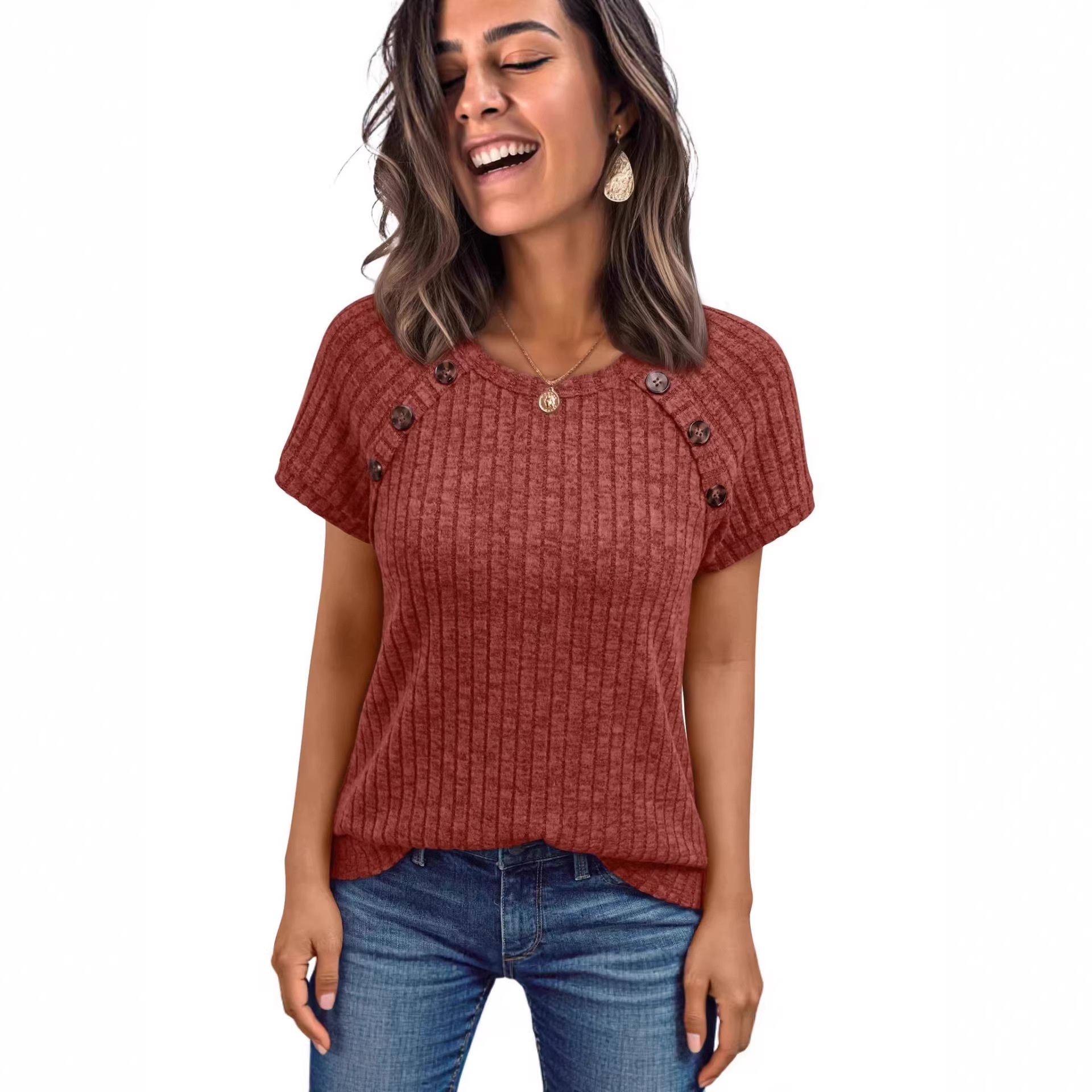 Women's Ribbed Crewneck Short Sleeve Top with Spliced Design
