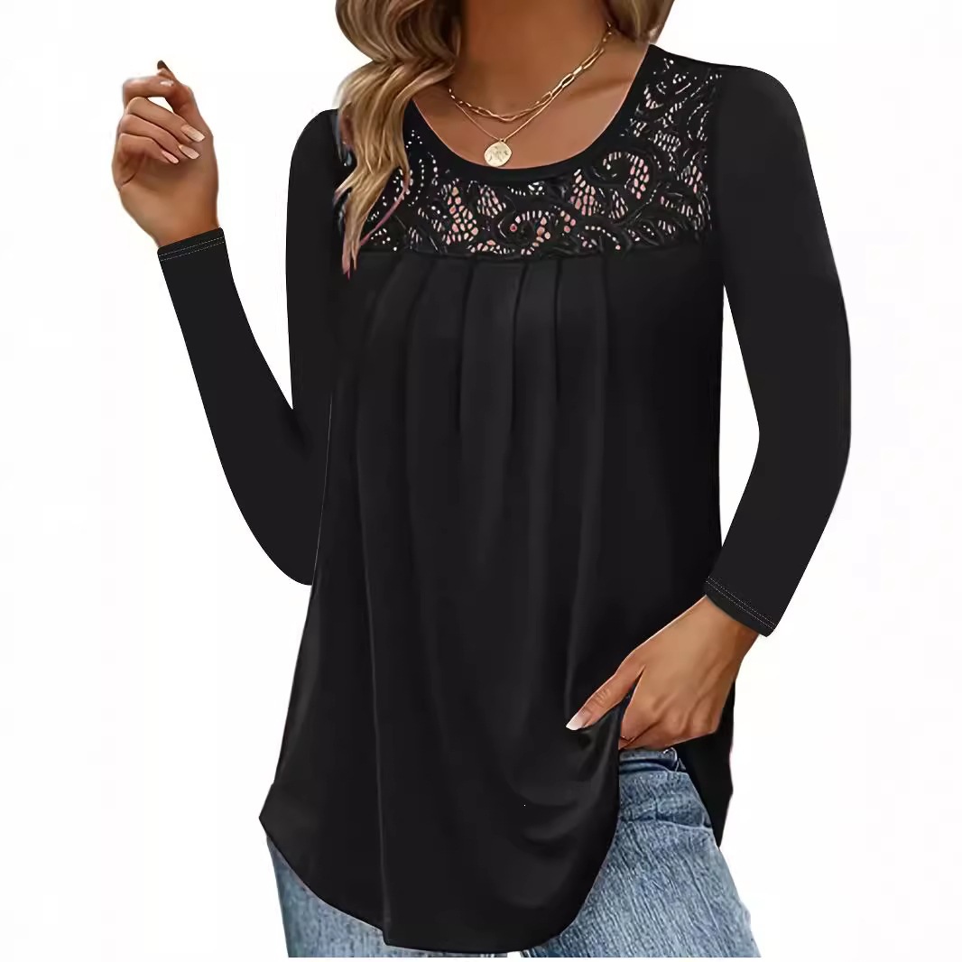 Women's Lace Neckline Print Long Sleeve Solid T-Shirt
