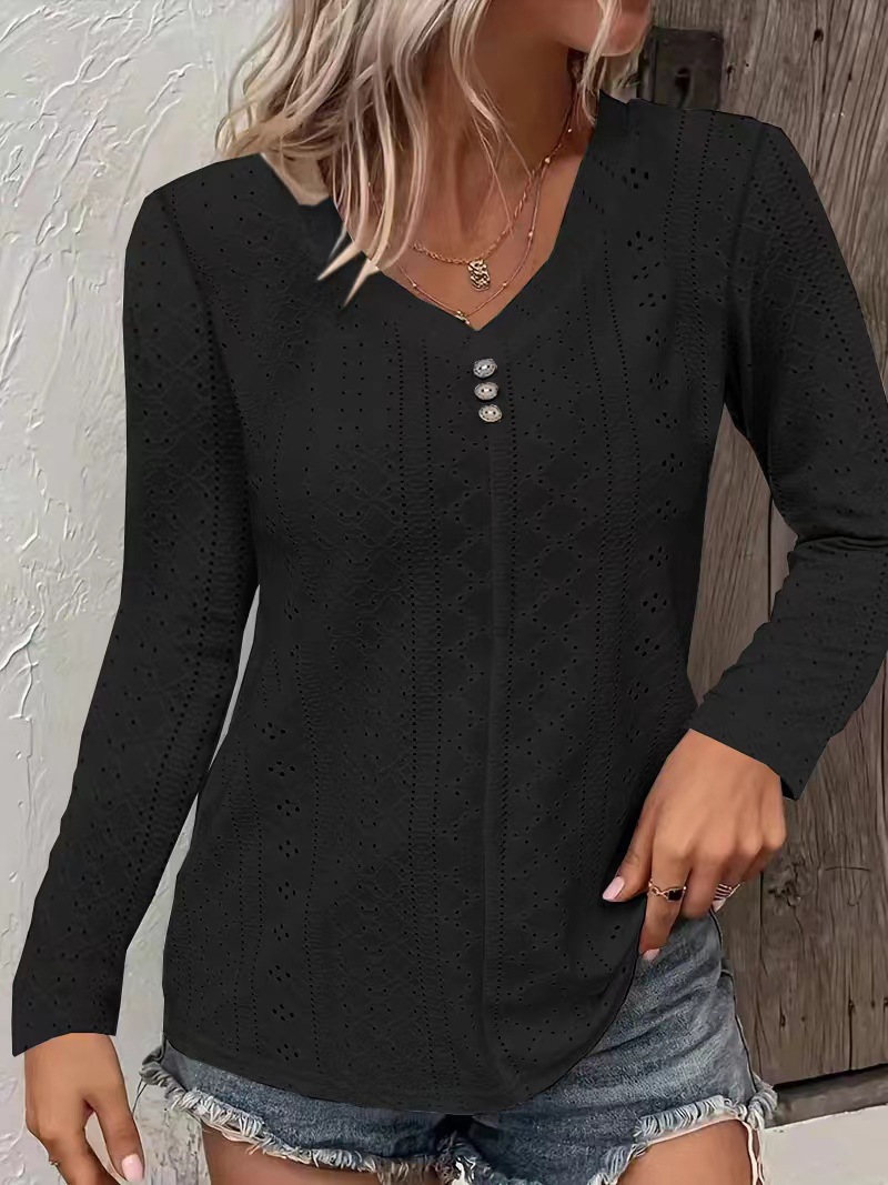 Women's Solid V-Neck Button-Detail Long-Sleeve T-Shirt