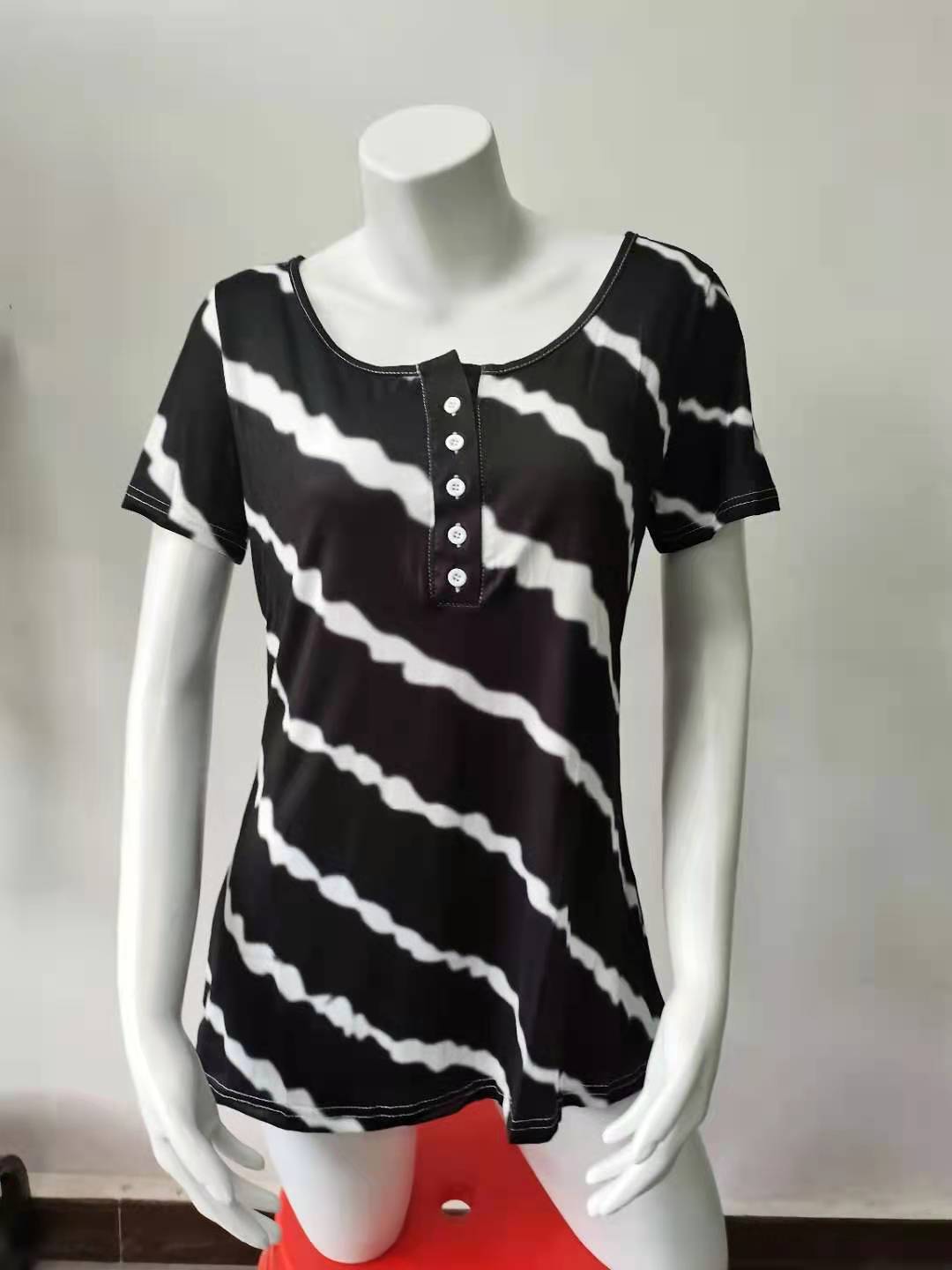 Striped Crewneck Button Short-Sleeve T-Shirt