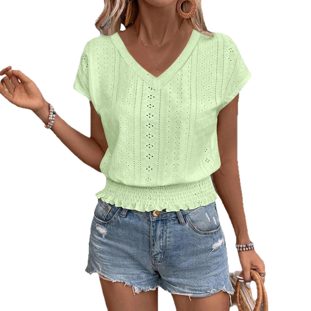 Women's V-Neck Short Sleeve T-Shirt with Court Lock Jacquard and Ruffle Trim