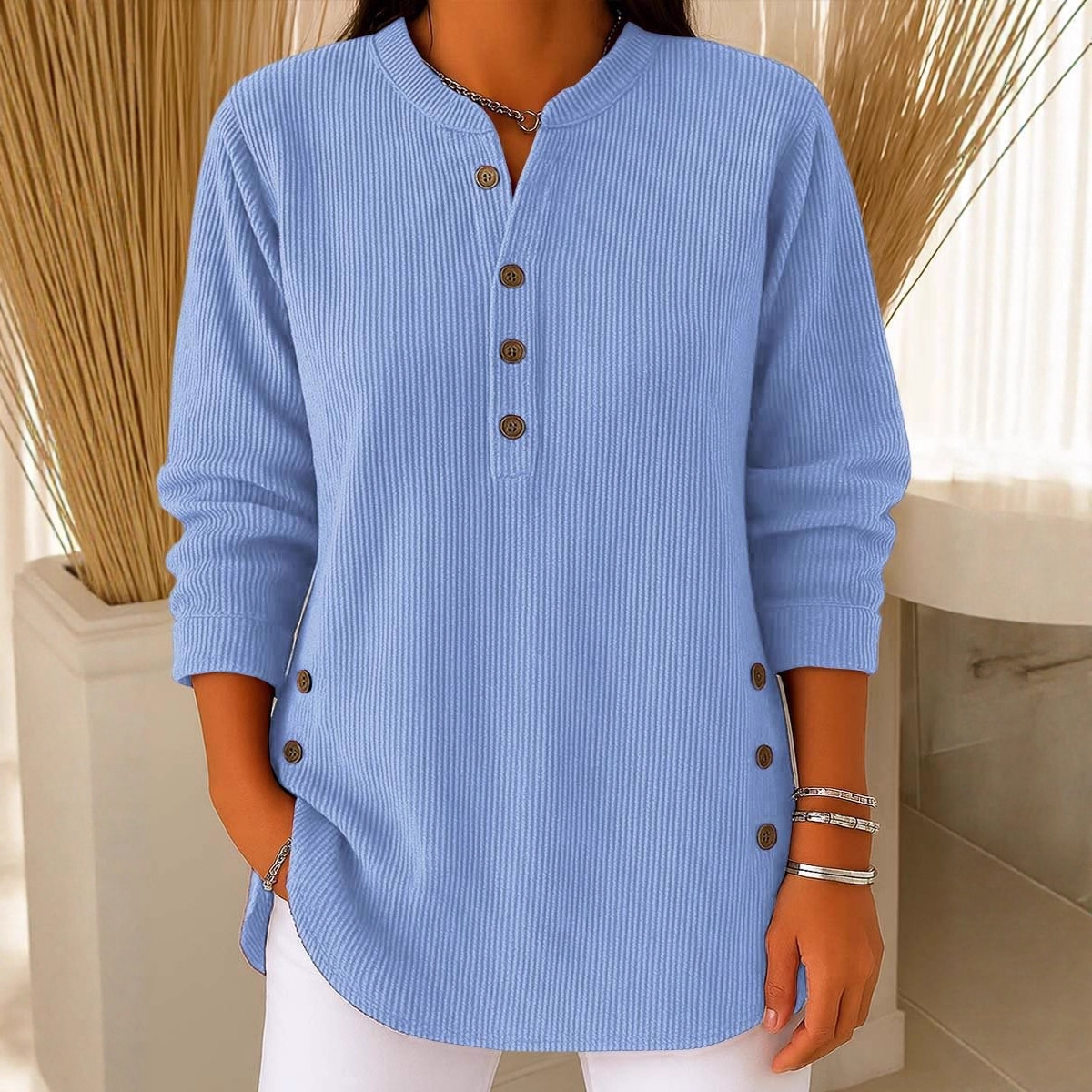 Corduroy Solid V-Neck Button Long-Sleeve Loose Casual Women's Top