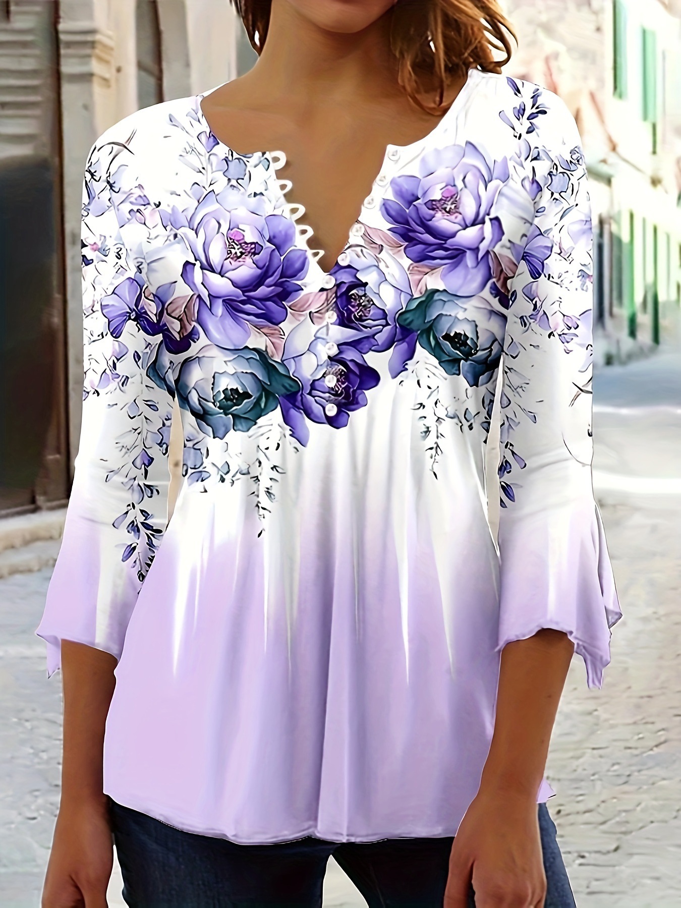 Women's V-Neck Button Floral Print Bell Sleeve Top