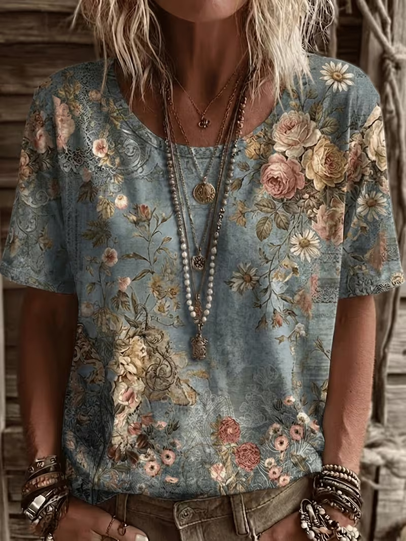 Retro Floral Print Short Sleeve T-Shirt