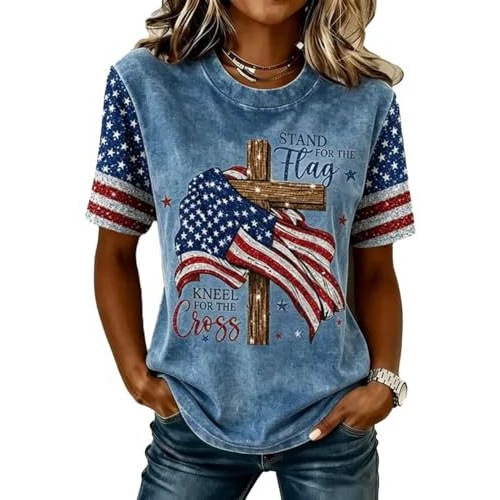 Summer Cross American Print Crewneck Short Sleeve Women's Top
