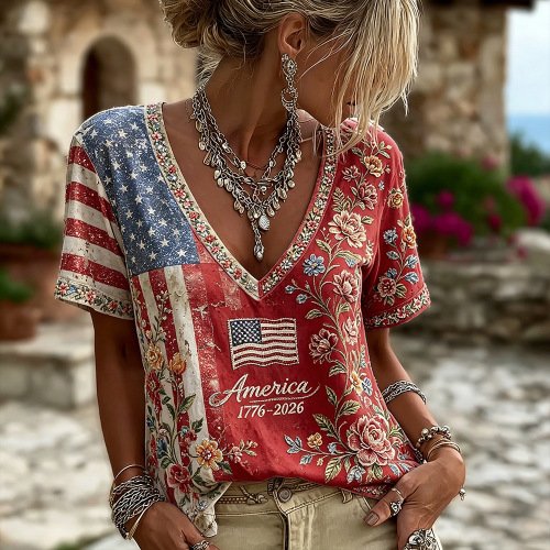 American Flag Floral Print V-Neck Short Sleeve Women's T-Shirt