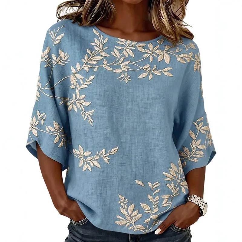 Floral Petal Print Short Sleeve Casual Women's Top