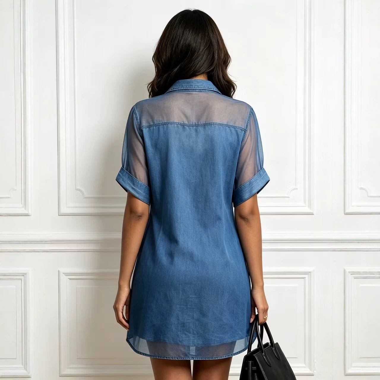 Women's Faux Denim & Chiffon Spliced Collared Long Top