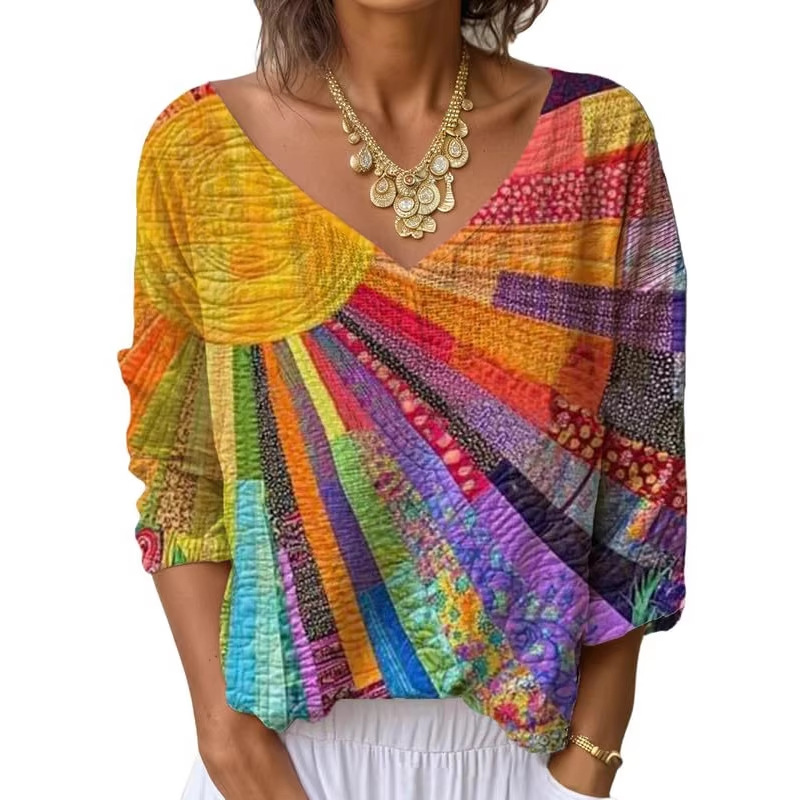 Women's V-Neck Long Sleeve Printed T-Shirt