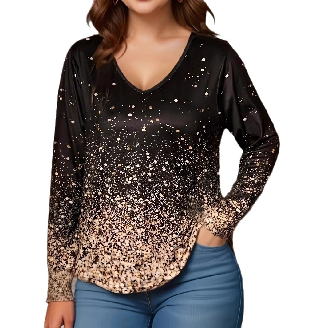Plus Size Gradient Star Print V-Neck Long Sleeve Tunic Top