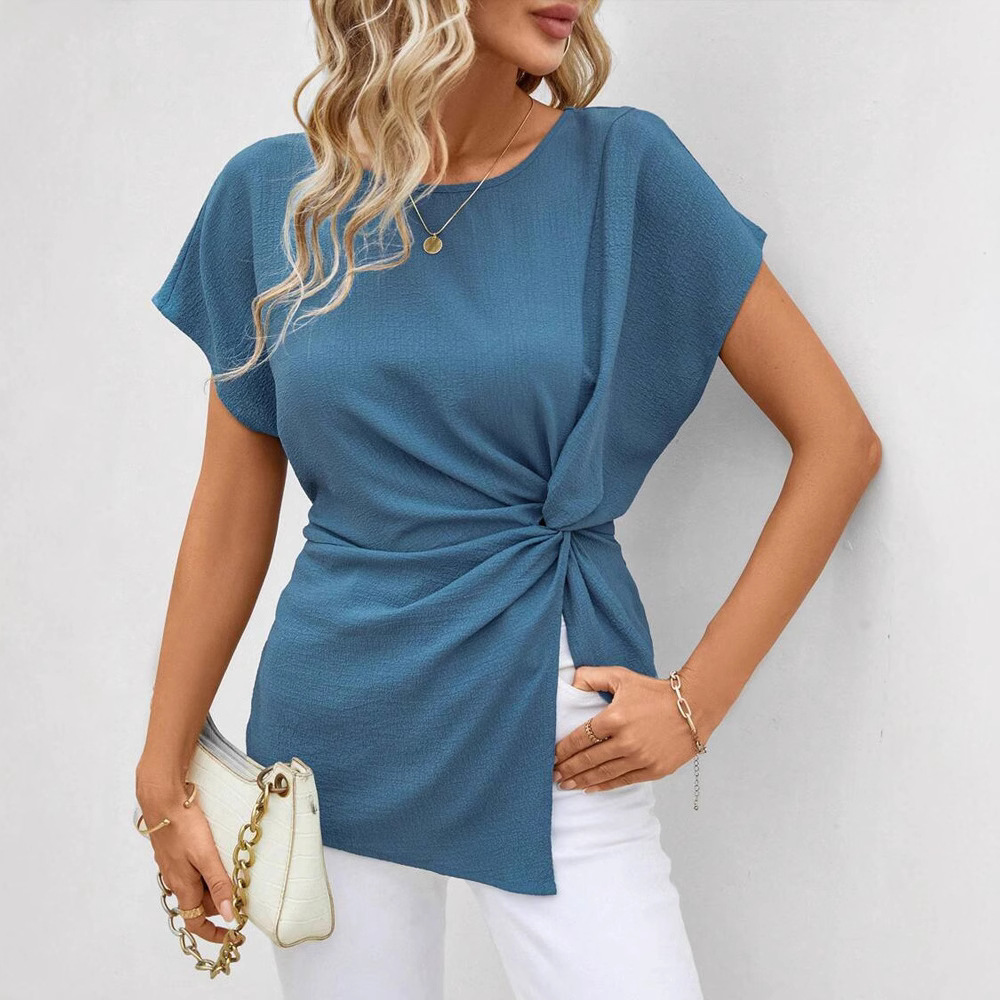 Women's Solid Asymmetric Knotted Short Sleeve T-Shirt
