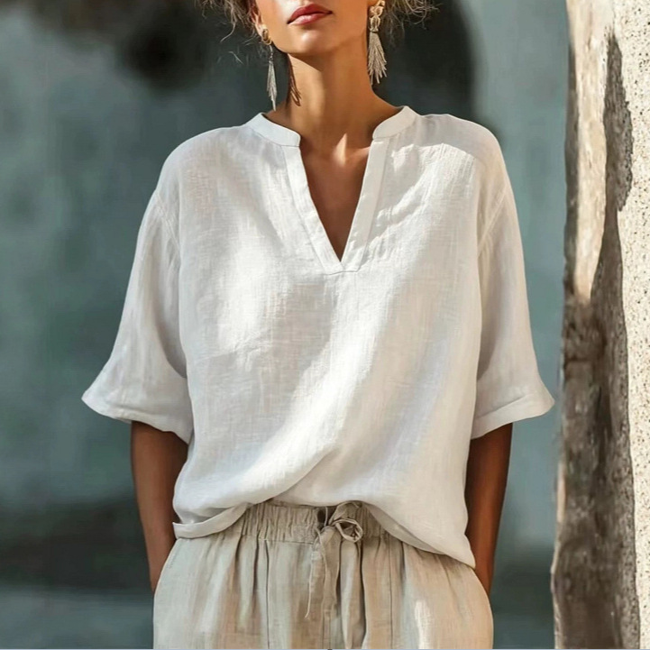 Women's Solid V-Neck Three-Quarter Sleeve Cotton-Linen Top