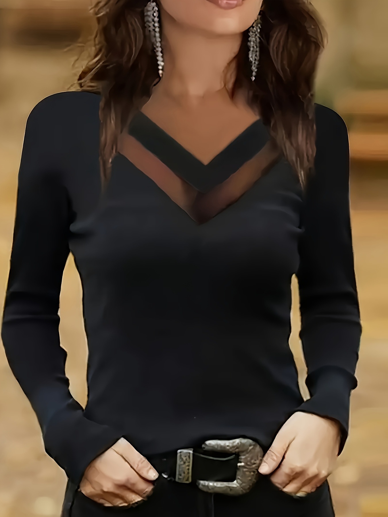 V-Neck Lace-Trim Slim Fit Long Sleeve Top