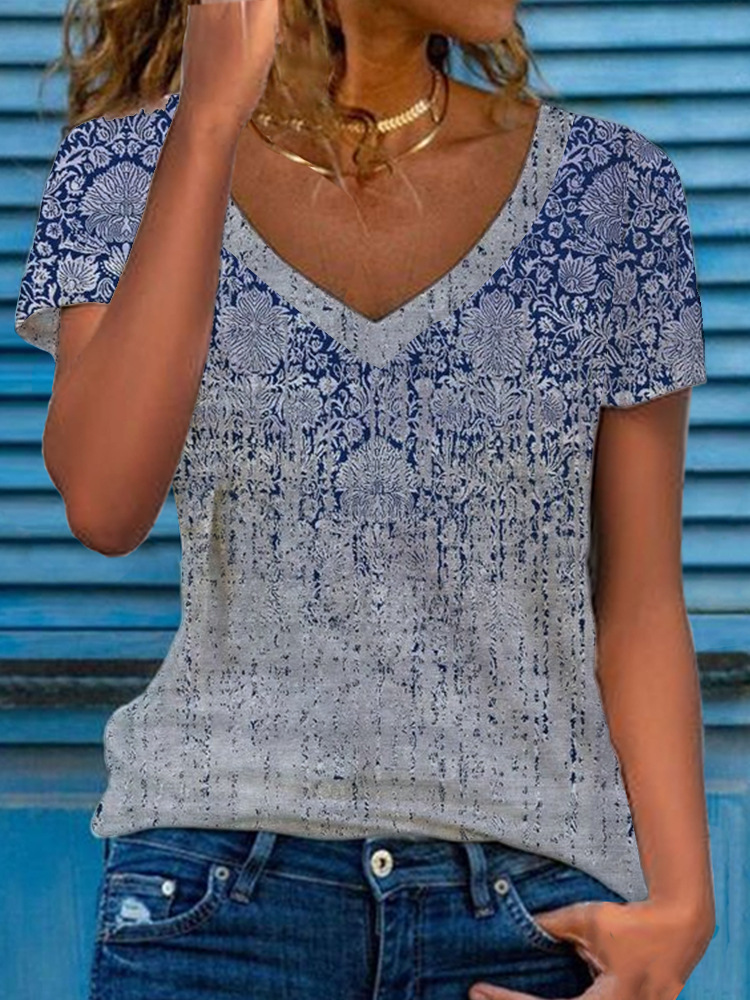Women's Floral Print Short Sleeve V-Neck Loose Top
