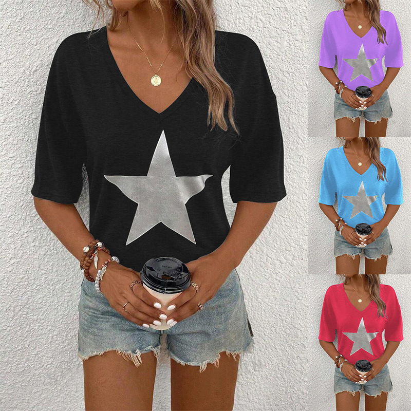Women's V-Neck Short Sleeve T-Shirt Casual Loose Fit Top