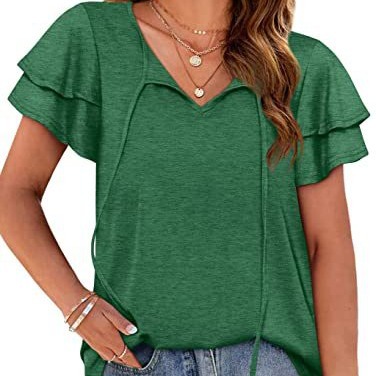 V-Neck Double-Layer Sleeve Tie-Front Casual Women's T-Shirt