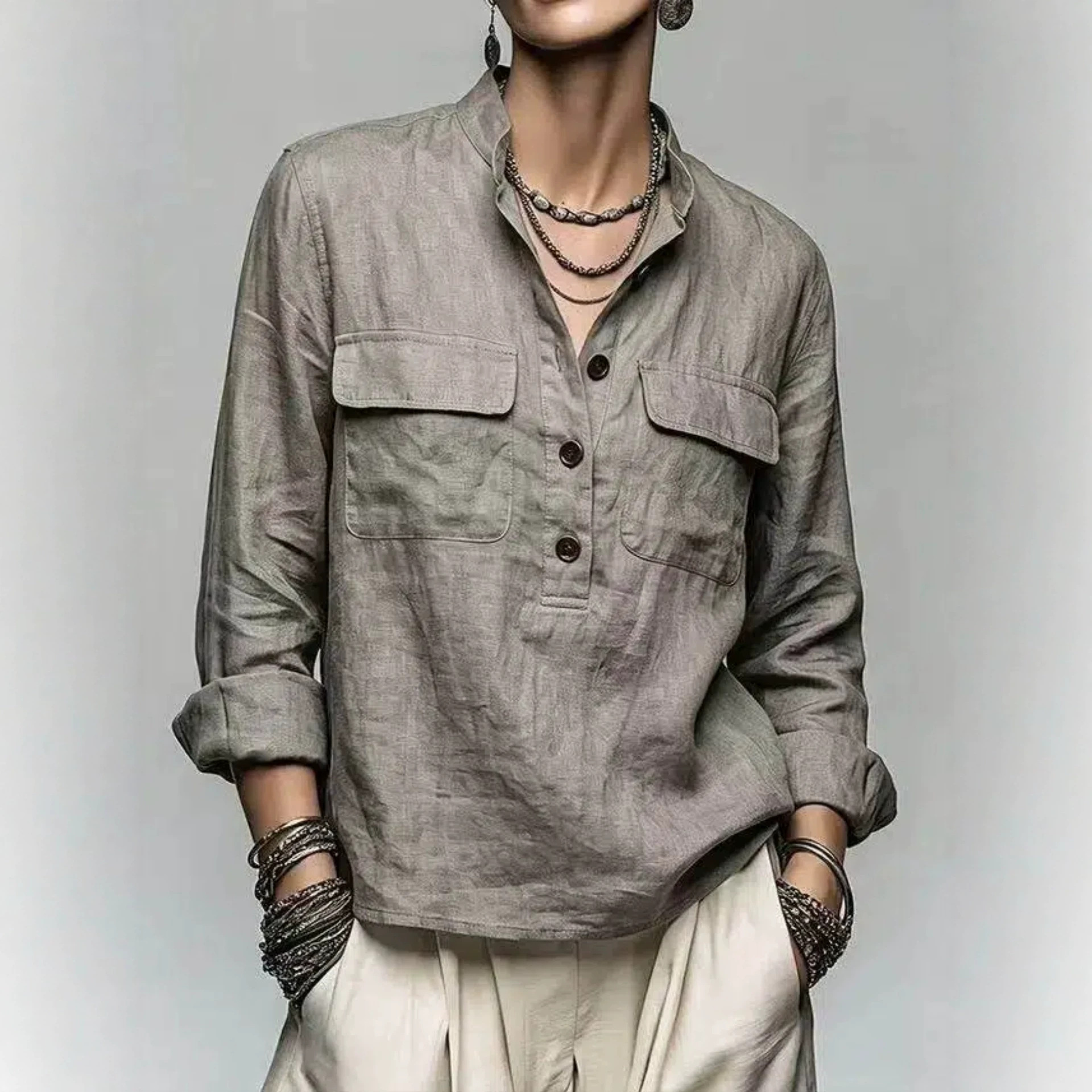 Women's Retro Stand Collar Button Pocket Loose Long Sleeve Pullover Shirt