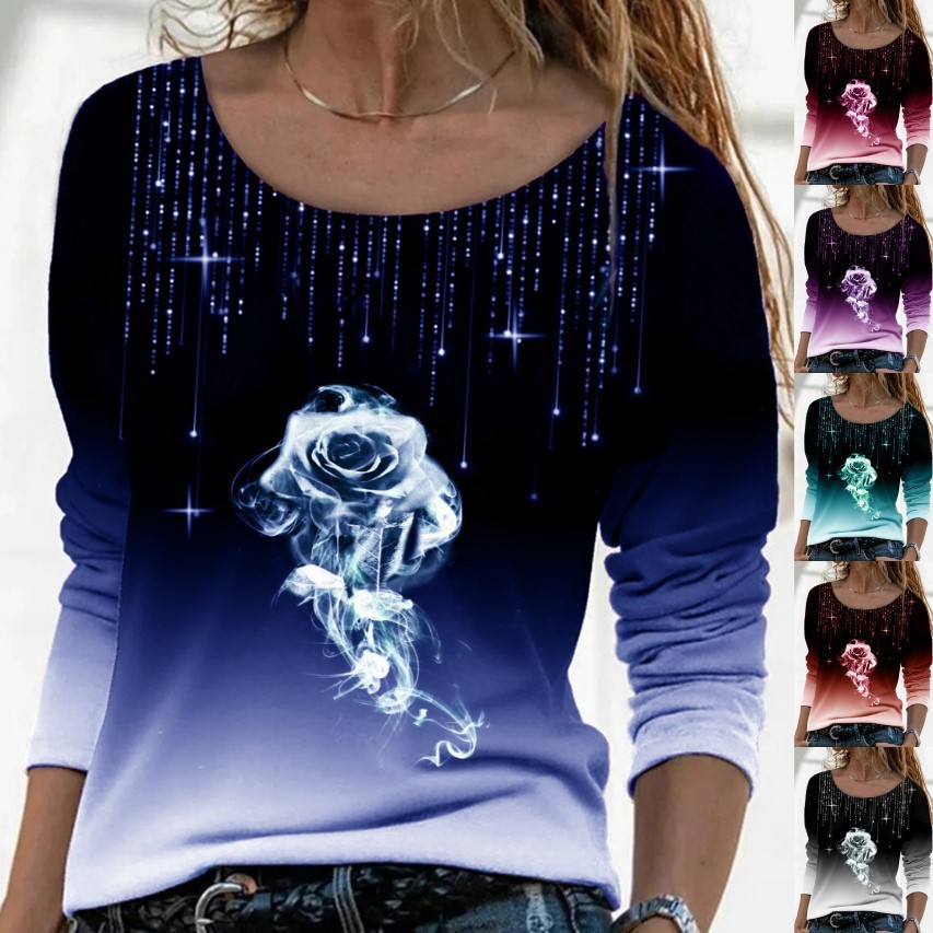 Women's Long Sleeve Loose Crewneck Rose Print T-Shirt
