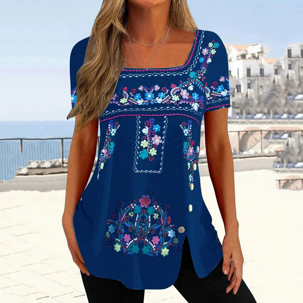 Women's Printed Button Slit Short Sleeve T-Shirt