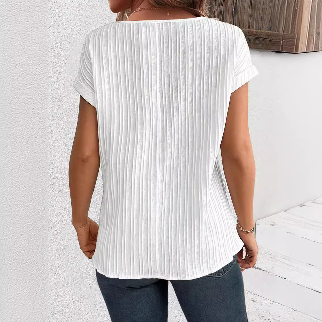 V-Neck Short Sleeve Floral Embroidered Panel Top