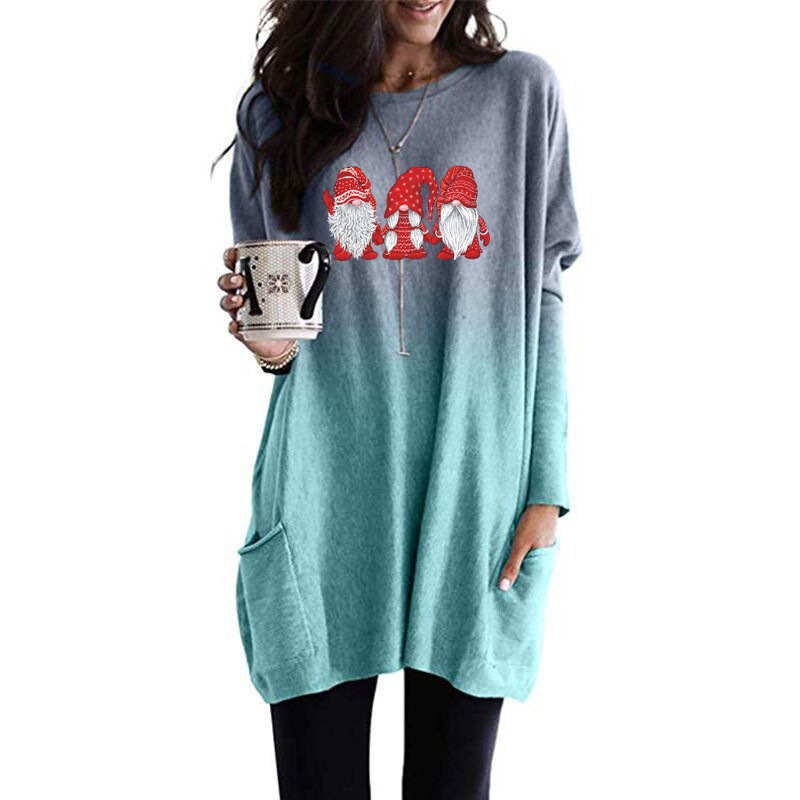 Santa Print Long Sleeve Round Neck Pocket Dress