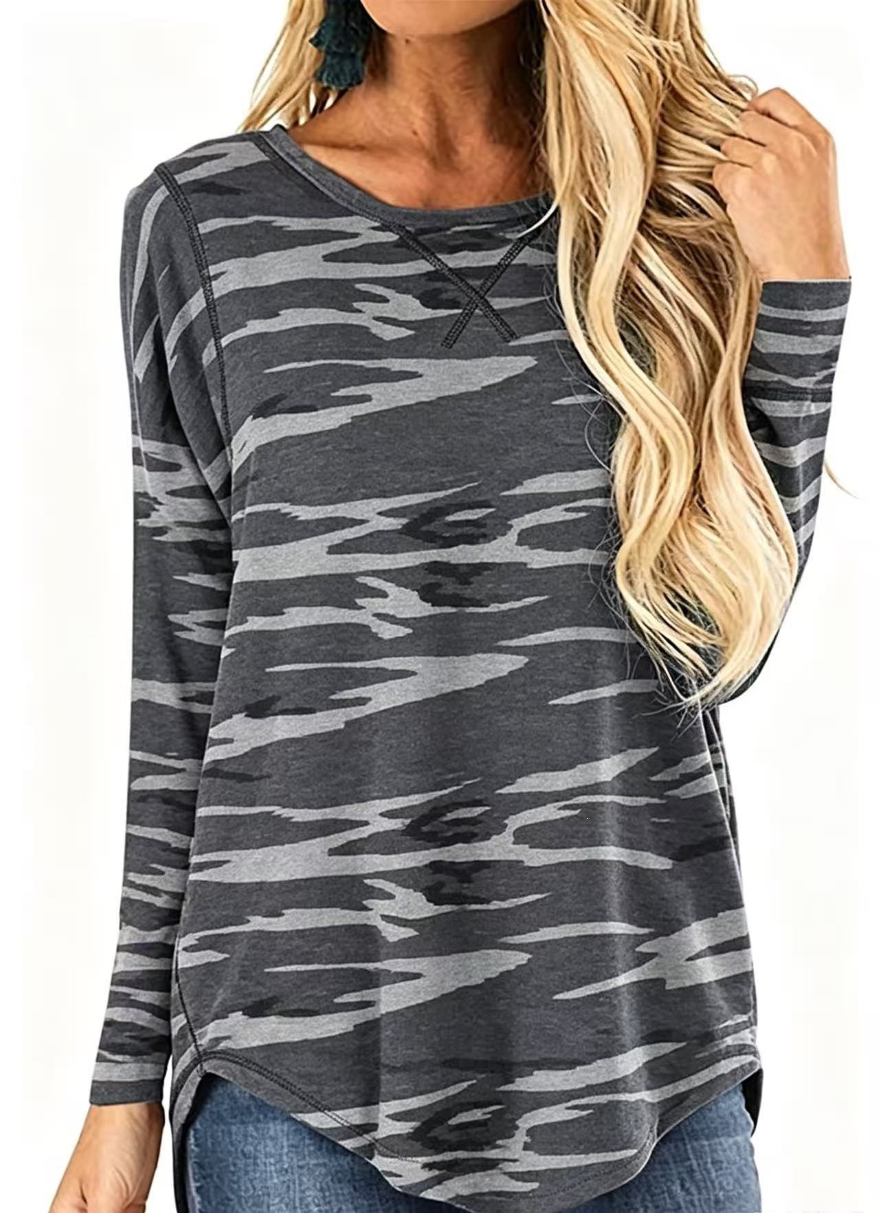 Women's Crewneck Long Sleeve T-Shirt Solid Loose High-Low Hem Casual Top