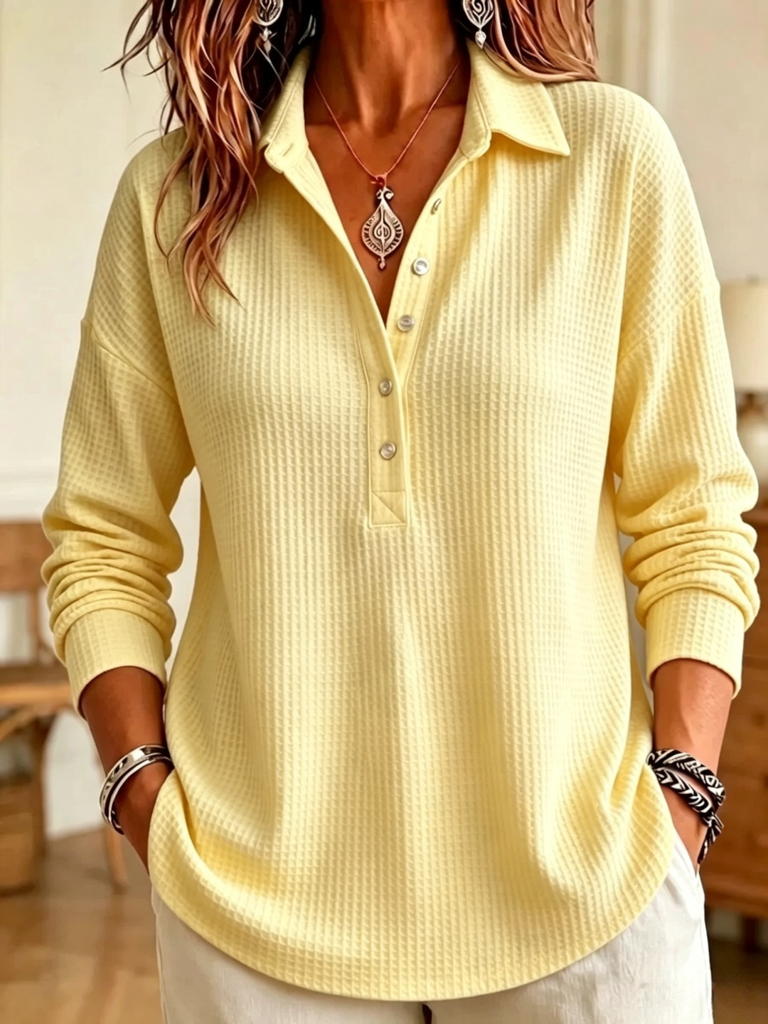 Women's Waffle Knit Collared Long Sleeve T-Shirt Loose Casual Pullover Top