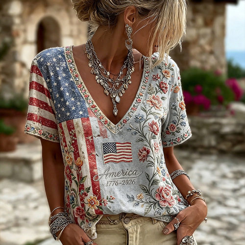 American Flag Floral Print V-Neck Short Sleeve Women's T-Shirt