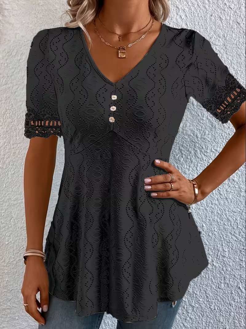 V-Neck Jacquard Lace Hollow-Out Waist-Cinched Short Sleeve Top