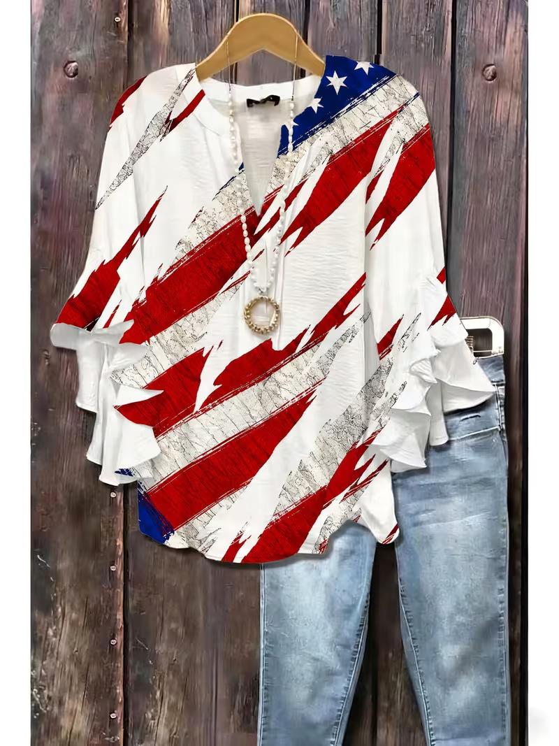 American Flag Print Rolled Sleeve Button Women's Top
