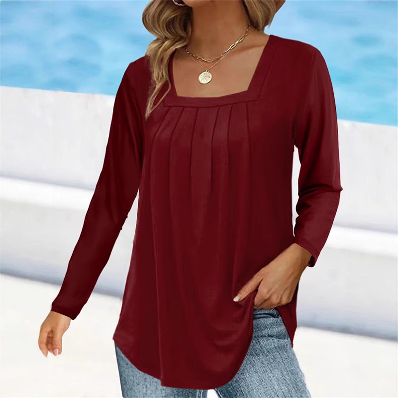 Women's Ruched Square Neck Long Sleeve Cotton-Blend T-Shirt