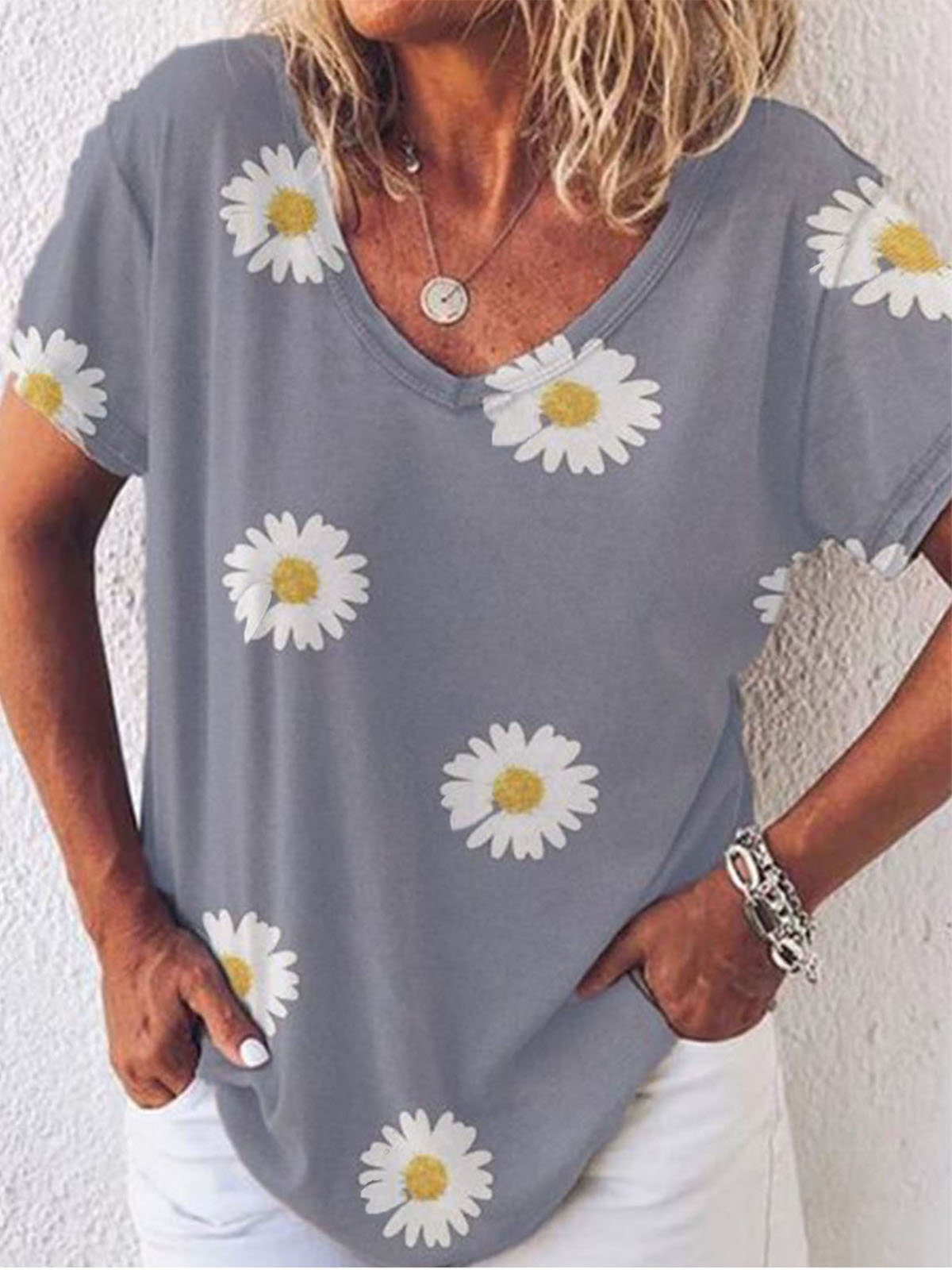 Women's Summer Loose V-Neck Printed Short-Sleeve T-Shirt
