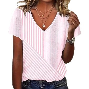 Women's Striped V-Neck Short Sleeve Top