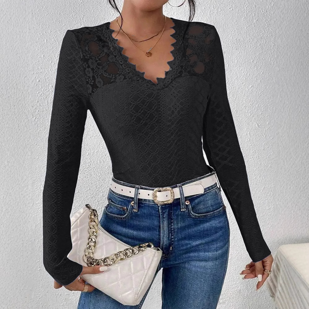 Women's V-Neck Lace Panel Long-Sleeve Top