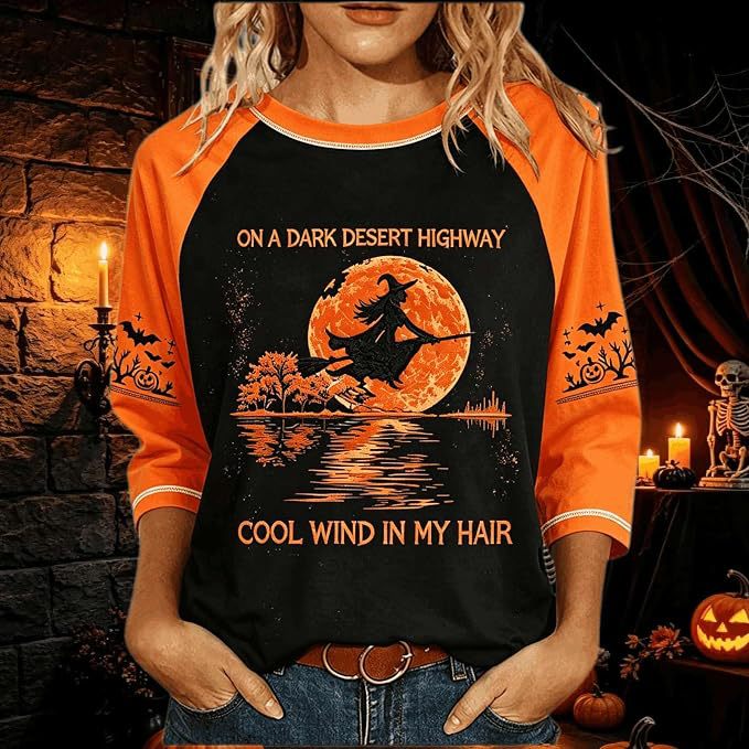 Women's Witch on Flying Broom Halloween Print Crewneck Top