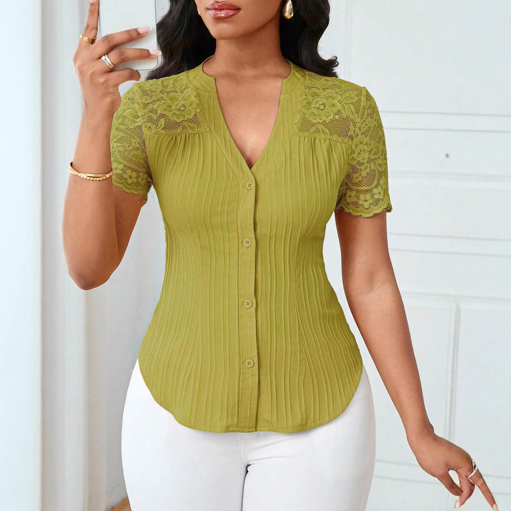 Women's Single-Breasted Embroidered Cutout Short-Sleeve Top